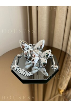 Decorative Mirrored Leaf Detailed Tray and Set of 2 Silver Butterflies 25x25 Cm HSS-YPRK01 - Housess