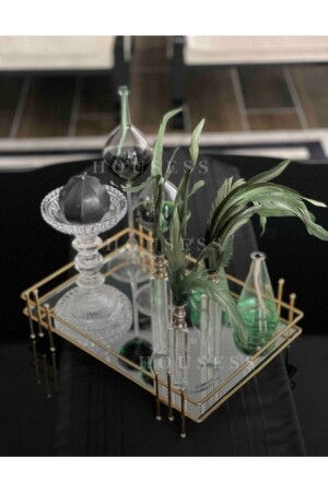 Decorative Mirrored Presentation Tray Rectangular Tray Stoned Marble Gold 36 cm X 25 cm HSS - Housess