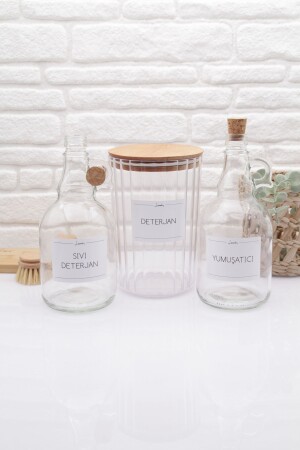 Decorative Oval Striped Detergent Jar with Wooden Lid 2200ML-Liquid Detergent & Softener Bottle 1000ML - Zezedesing
