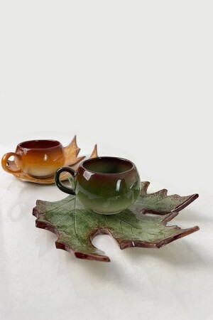 Decorative Plane Tree Leaf Figured Tea Coffee Cup Set in Green and Brown Colors for 2 Persons ARTCNR2 - Artistic Quality