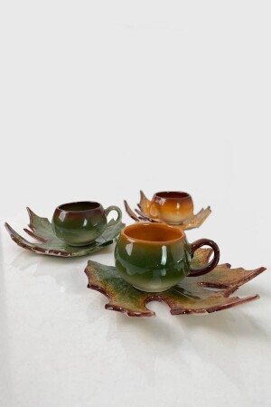 Decorative Plane Tree Leaf Figured Tea Coffee Cup Set in Green and Brown Colors for 3 Persons ARTCNR3 - Artistic Quality