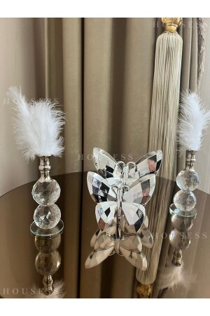 Decorative Set of 2 Silver Butterflies and 2 Pieces of 2-Layer Silver Feather Holder Trinket Ornament - Housess