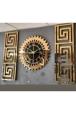 Decorative Set of 3 Plexiglass Gold Mirrored 3D Embossed Wall Clock and Decor - Eyka Store