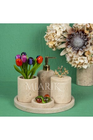 Decorative Travertine Marble Bathroom Set Set of 5 Accessories Detailed Design Set - Miarik Design & Dekorasyon
