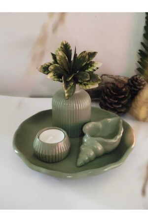 Decorative Vase Set Object Set Pampas Vase-candle holder-seashell-cloud Plate 4 Pieces Mint Green Color. - E.M.S Avm