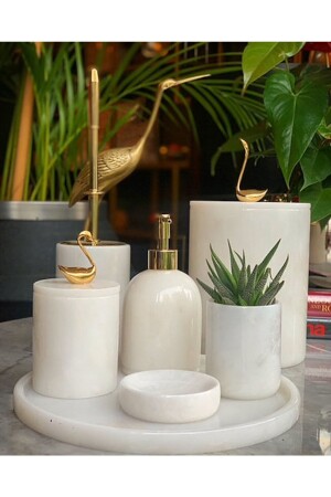 Decorative White Marble Gold Bird Swan Detailed 7-Piece Bathroom Set Set WHITEKUGUGOLDMERMERBATHROOM7LI - MIARIK DESIGN & DEKORASYON