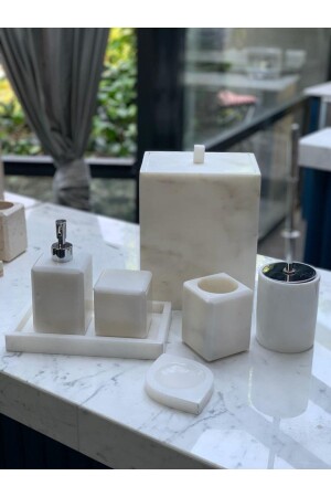 Decorative White Marble Plain Square Silver Detailed 7-Piece Bathroom Set WHITESQUAREILVERBANYO7 - MIARIK DESIGN & DEKORASYON