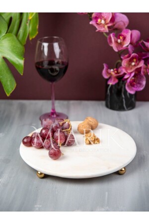 Decorative White Marble Round Presentation Plate Tray with Gold Top Leg WHITE ROUNDGOLD TOPFOOT - MIARIK DESIGN & DEKORASYON