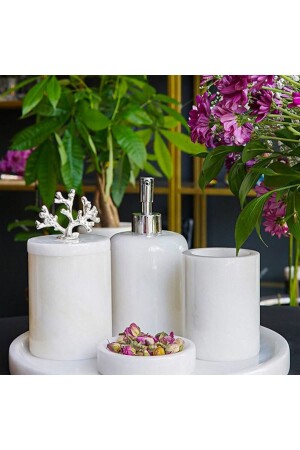 Decorative White Marble Silver Coral Detailed 5-Piece Bathroom Set WHITEGOLDMERMER5 - MIARIK DESIGN & DEKORASYON