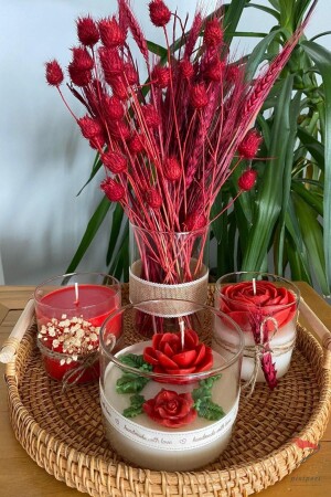 Decorative Wicker Tray Candle Set, Glass Cup Candle Red Dry Flower Vase Women's Day Gift pixibc01 - pixiperi