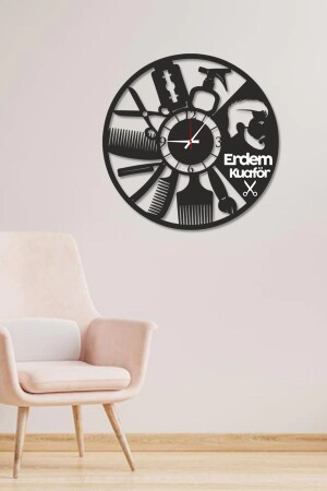 Decorative Wooden Wall Clock with Special Hairdresser Design for Workplace 34cm berbersaat - AHŞAP HEDİYENİZ