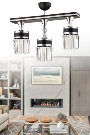 Deep 3 Piece Black Chrome Gilded Crystal Stone Modern Chandelier - Kuzey Aydinlatma