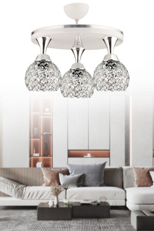 Defne 3-Piece Profenial Tray White Chrome Crystal Ball Luxury Chandelier 35 cm 3005 - KUZEY AYDINLATMA