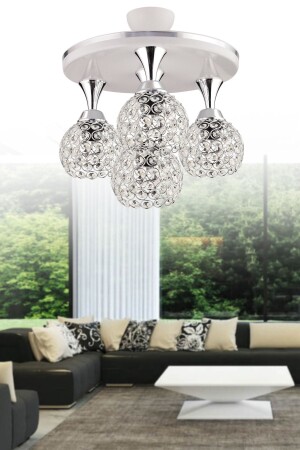 Defne 4-teiliges Profenial-Tablett, weiße Chrom-vergoldete Kristallkugel, luxuriöser Wohnzimmer-Kronleuchter, 35 cm, 4005 - KUZEY AYDINLATMA