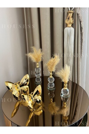 Dekoratives 2-teiliges goldenes Schmetterlings- und 3-teiliges goldenes Feder-Set als Schmuckstück HOUSS-KLBKSET - Housess
