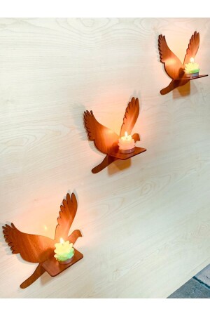 Dekortreni Set of 3 Walnut Colored Bird Patterned Decorative Wooden Candle Holders - 2