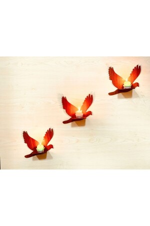 Dekortreni Set of 3 Walnut Colored Bird Patterned Decorative Wooden Candle Holders - 4