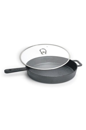 Gusseisen-Pfanne, unbeschichtete, Durchmesser 28, Pfanne mit Griff + Glasdeckel, 100 % heimische Produktion, mit Deckel, Durchmesser 28 - ESTAŞ