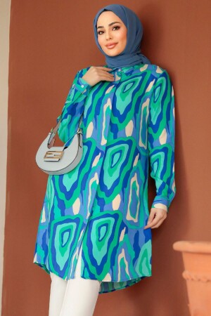Desenli İndigo Mavisi Tesettür Tunik 11679IM - Neva Style