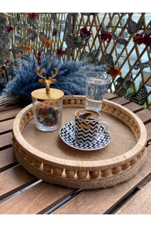 Design Wooden Beaded Wicker Tray Model Diameter 27 Cm 658765 - Süs Dükkanı