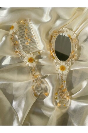 Designed Comb and Mirror Set Made of Real Dried Daisy as a Gift - Dowry Item - Beliert