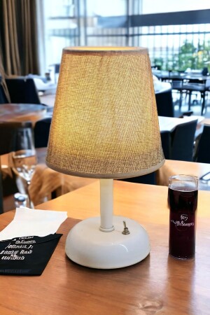 Desktop Beige Wireless Battery Operated Lampshade - Battery Operated Table Lamp - White Metal Leg - Bubihome