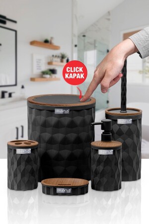 Diamantschwarzes 5-teiliges Badezimmer-Set mit Klicktür aus Holz OKY-467-3-S - Okyanus Home