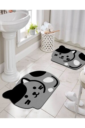 Digital Printed Non-Slip Base Cute Kitten Bath Mat Double Toilet Set (40x60) (60x100)-p21 Mat-White20-DarkGrey21 - COZIE HOME