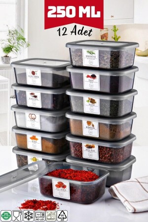 Dikdörtgen 12'Li Set Baharatlık - Kahvaltı - Erzak Saklama Kabı 250 Ml - Baharat Etiketli NDY-OMS-12BHRT - Nandy Home