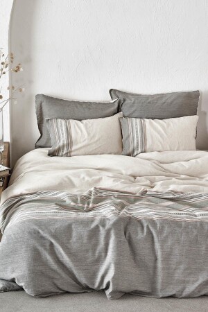 Dila Doppelbett-Bettbezug-Set, 100 % Bio-Baumwollleinen, beige-grün, 200 x 220 cm, NVRDLA200 x 220 - Ecocotton