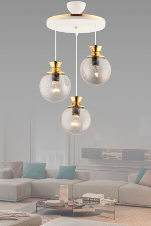 Dilara 3 Lü Tepsi Beyaza Gold Yuvarlak Camlı Salon Avizesi 4 - GYK LİGHT