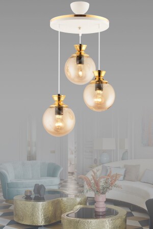 Dilara 3 Lü Tepsi Beyaza Gold Yuvarlak Camlı Salon Avizesi 4 - GYK LİGHT