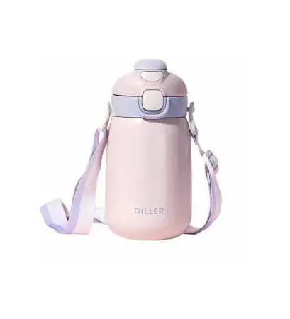 Diller 420ml Pink Stainless Steel Kids' Thermos Bottle with Straw and Hanging Strap, Keeps drinks hot/cold for 6 hours. - DILLER