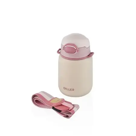 Diller 420ml Pipetli Askılı Çelik Pembe Çocuk Termos Matara 6 Saat Sıcak-soğuk Tutma Süresi - DILLER