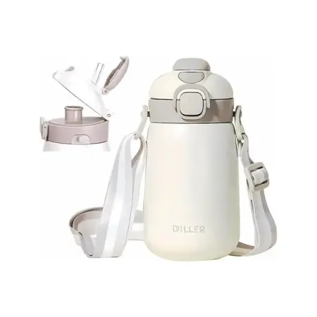 Diller 420ml White Steel Kids' Thermos Bottle with Straw and Hanging Strap, Keeps drinks hot/cold for 6 hours. - DILLER