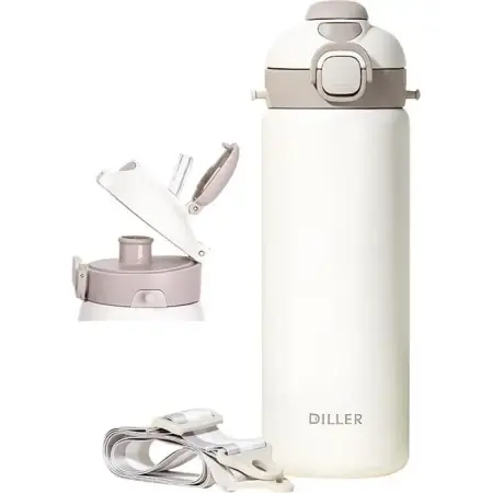 Diller 700 ml Stainless Steel White Thermos Bottle - With/Without Straw - DILLER