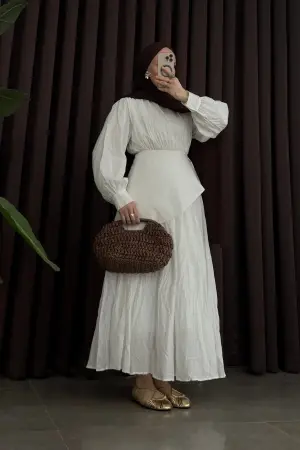 Dina Bel Fularlı Vual Elbise Beyaz - Nuuwears