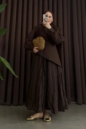 Dina Bel Scarfed Voile Dress Dark Brown - Nuuwears