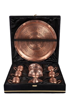 Dmt Gaziantep Copper Grape Embroidered Turkish Coffee Cup Set for 6 Persons Heavy Embroidered (TRAY 34 CM) DMT-19051 - DMT COPPER HOME