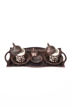 Dmt Gaziantep Copper Zamak Casting Antique Copper Cup Set for 2 Persons (TRAY 27 CM) DMT-19068 - DMT COPPER HOME