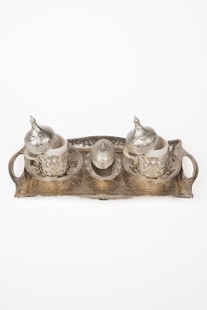Dmt Gaziantep Copper Zamak Casting Antique Copper Cup Set for 2 Persons (TRAY 27 CM) DMT-19069 - DMT COPPER HOME