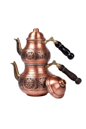 Dmt Gaziantep Kupfer-Teekannen-Set, schwer bestickt, Boden: 12 cm, Oberseite: 9 cm, Gesamt: 1,5 l, Holzgriff DMT-19126 - DMT COPPER HOME