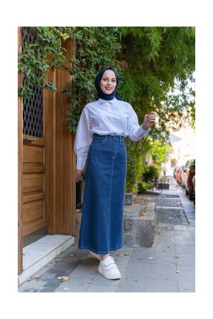 Doğal Kumaşlı Kontrast Dikişli Kot Etek- Indigo ET00003 - VELLICHOR