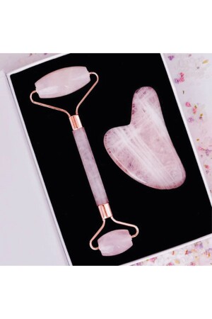 Doğal Taş Pembe Kuvars Face Roller Ve Pembe Kuvars Kalp Gua Sha Yüz Masaj Aleti Premium Set Pedrasset - PEDRAS