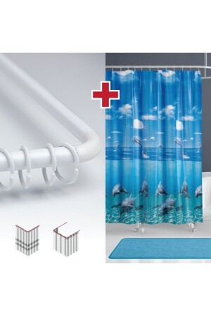 Dolphin Patterned Blue Bathroom Curtain with Hanger Gift 180x200 cm Single Wing Shower Curtain L Pipe with Gift - Tropikhome