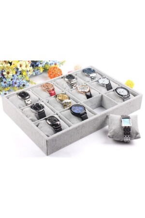 Domestic Production Suede Fabric Gray Color 12 Compartments Padded Watch Bracelet Drawer Stand - Aydın Decor