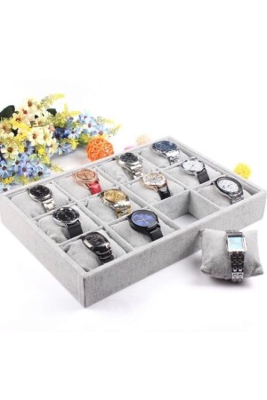 Domestic Production Suede Gray 12-Padded Drawer Padded Watch and Jewelry Box - Hedef Bijuteri