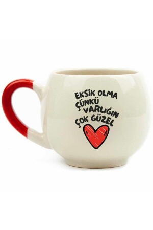 Don't Miss Because Your Existence Is Very Beautiful Cream Shiny Balloon Mug (Red Handle) - Gift Ceramic Mug - Palto Tasarım