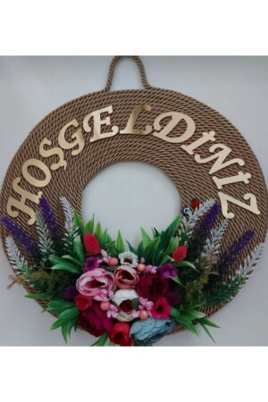 Door Ornament Welcome Written Flower Decorated Home KS300515MOR - Yumak Dekor Grup