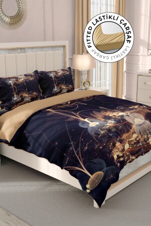 Doppelbettbezug-Set aus 100 % Baumwollsatin mit Spannbettlaken, brauner Lotus MONOHOME33170 - Monohome